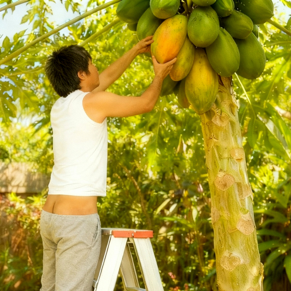 My co-worker's relative with his jogger pants sagging and buttcrack showing reaching up to grab a papaya.